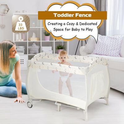 Foldable Safety  Baby Playard for Toddler Infant with Changing Station-BeigeÂ 
