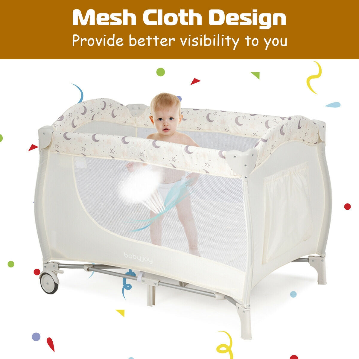 Foldable Safety  Baby Playard for Toddler Infant with Changing Station-Beige