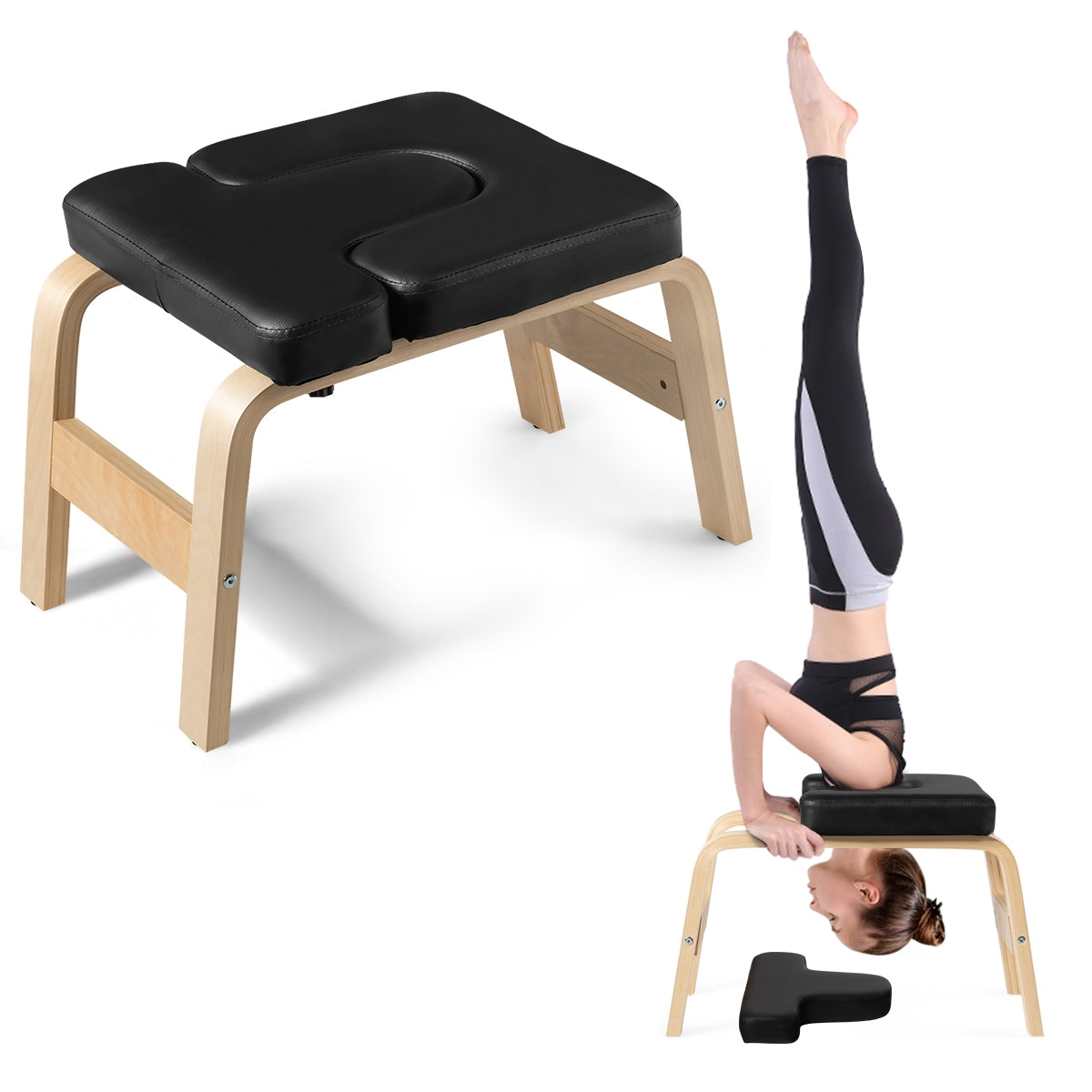 Yoga Headstand Wood Stool with PVC Pads-Black