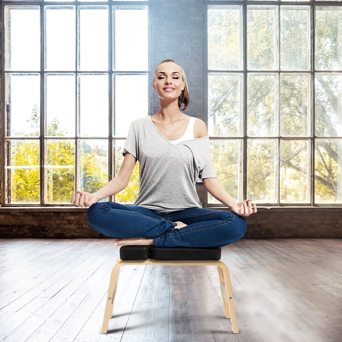 Yoga Headstand Wood Stool with PVC Pads-Black