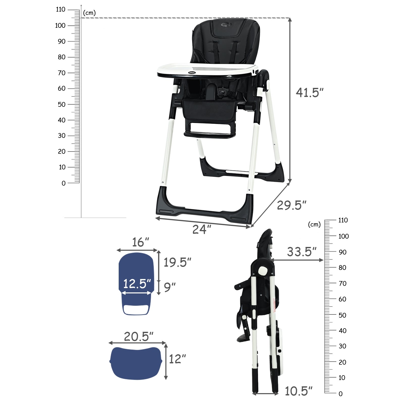 Foldable High chair with Multiple Adjustable Backrest-BlackÂ 