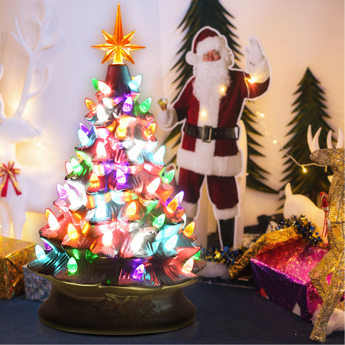 15 Inch Pre-Lit Hand-Painted Ceramic Christmas Tree-SilverÂ 