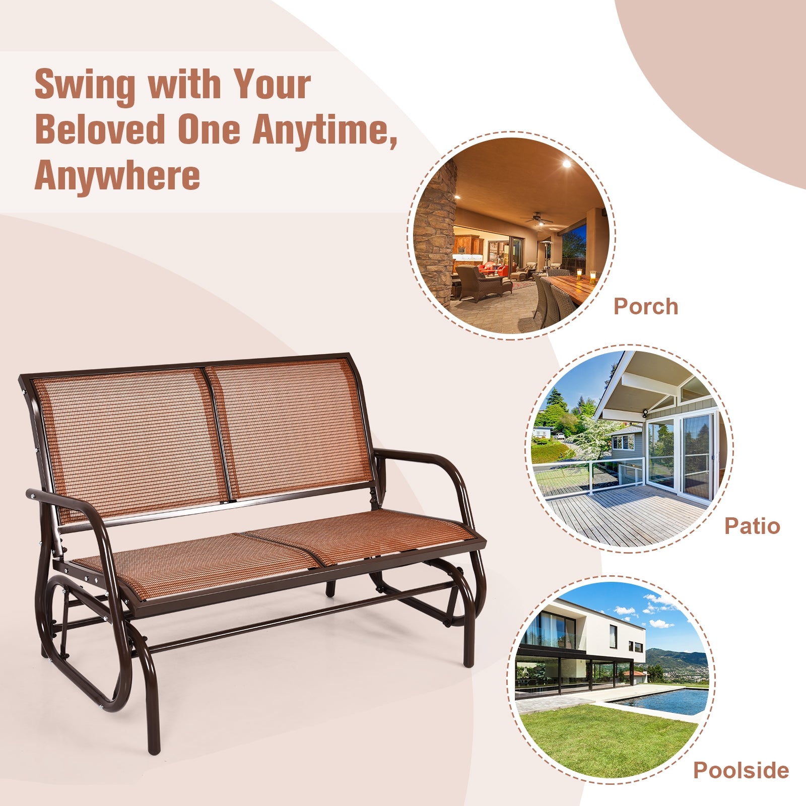 Swing Glider Chair 48 Inch Loveseat Rocker Lounge Backyard-Brown