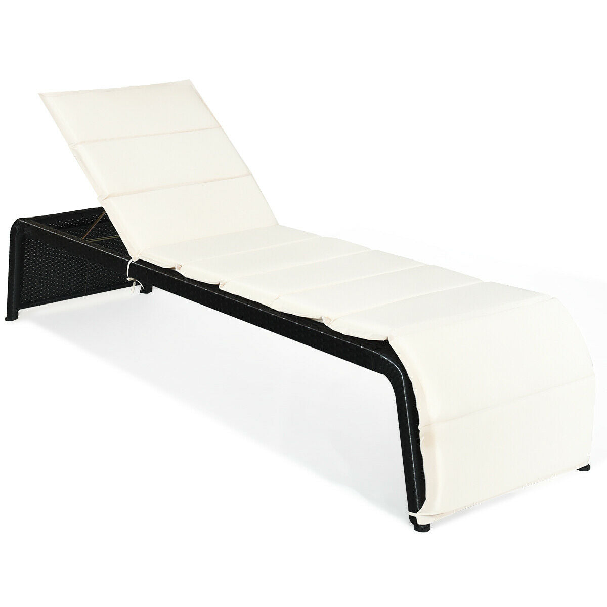 Patio Rattan Lounge Chair Back Adjustable Chaise Recliner with Cushions-White