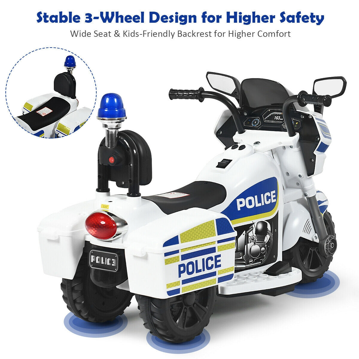 6V 3-Wheel Kids Police Ride On Motorcycle with Backrest