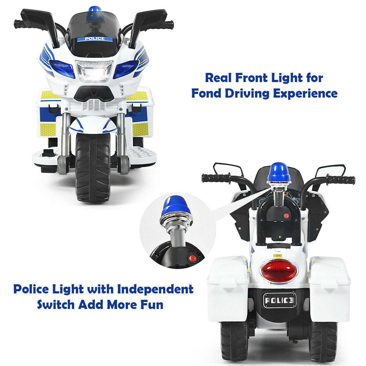 6V 3-Wheel Kids Police Ride On Motorcycle with Backrest