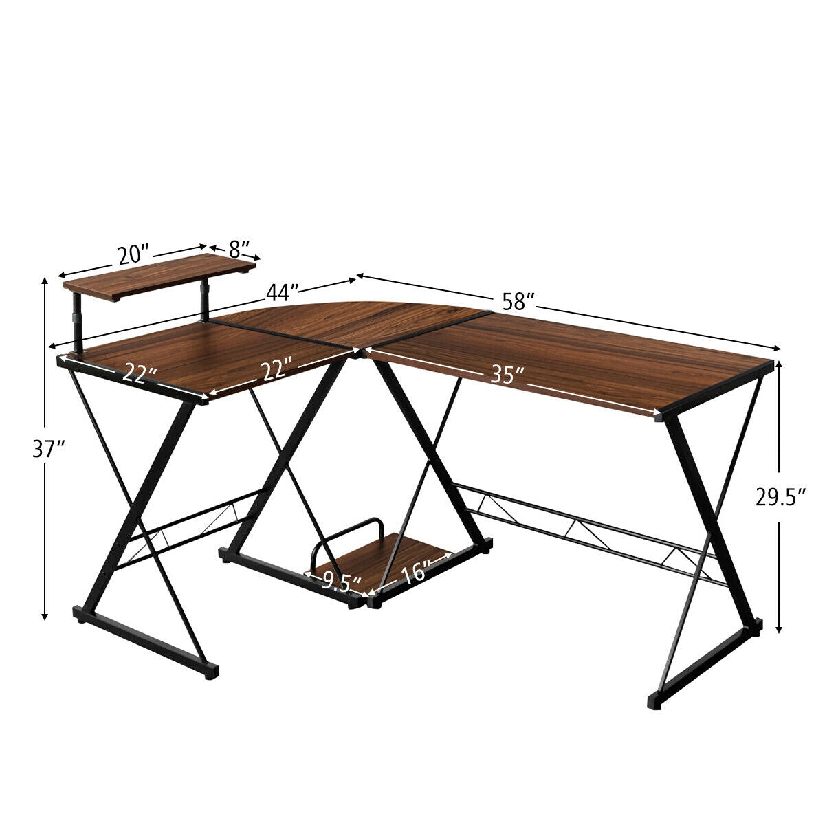 L-Shaped Computer Gaming Desk with Monitor Stand and Host Tray-Walnut