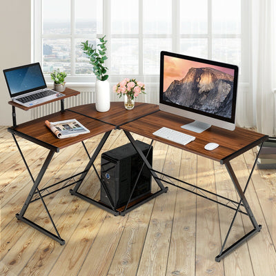L-Shaped Computer Gaming Desk with Monitor Stand and Host Tray-WalnutÂ 