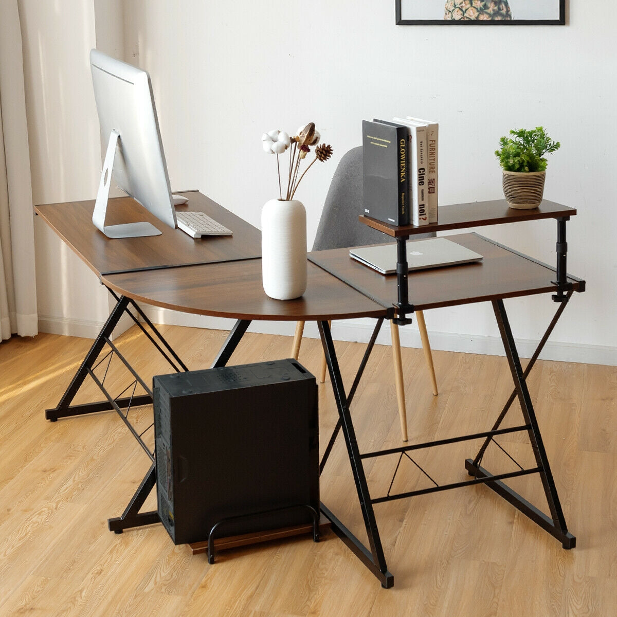 L-Shaped Computer Gaming Desk with Monitor Stand and Host Tray-Walnut