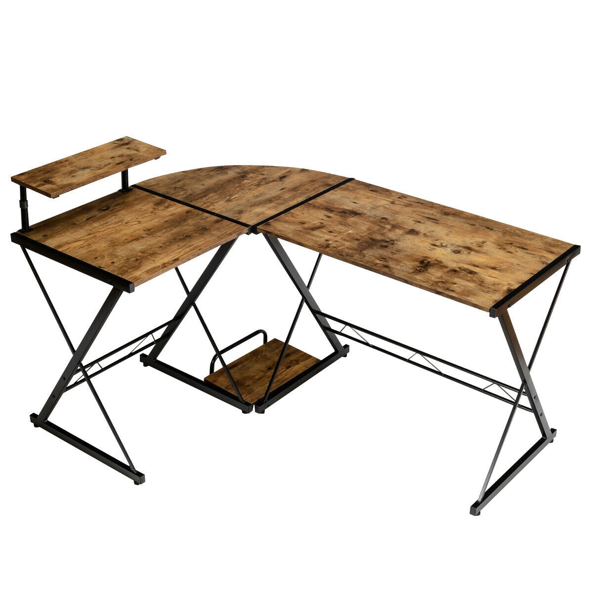 L-Shaped Computer Gaming Desk with Monitor Stand and Host Tray-Rustic Brown