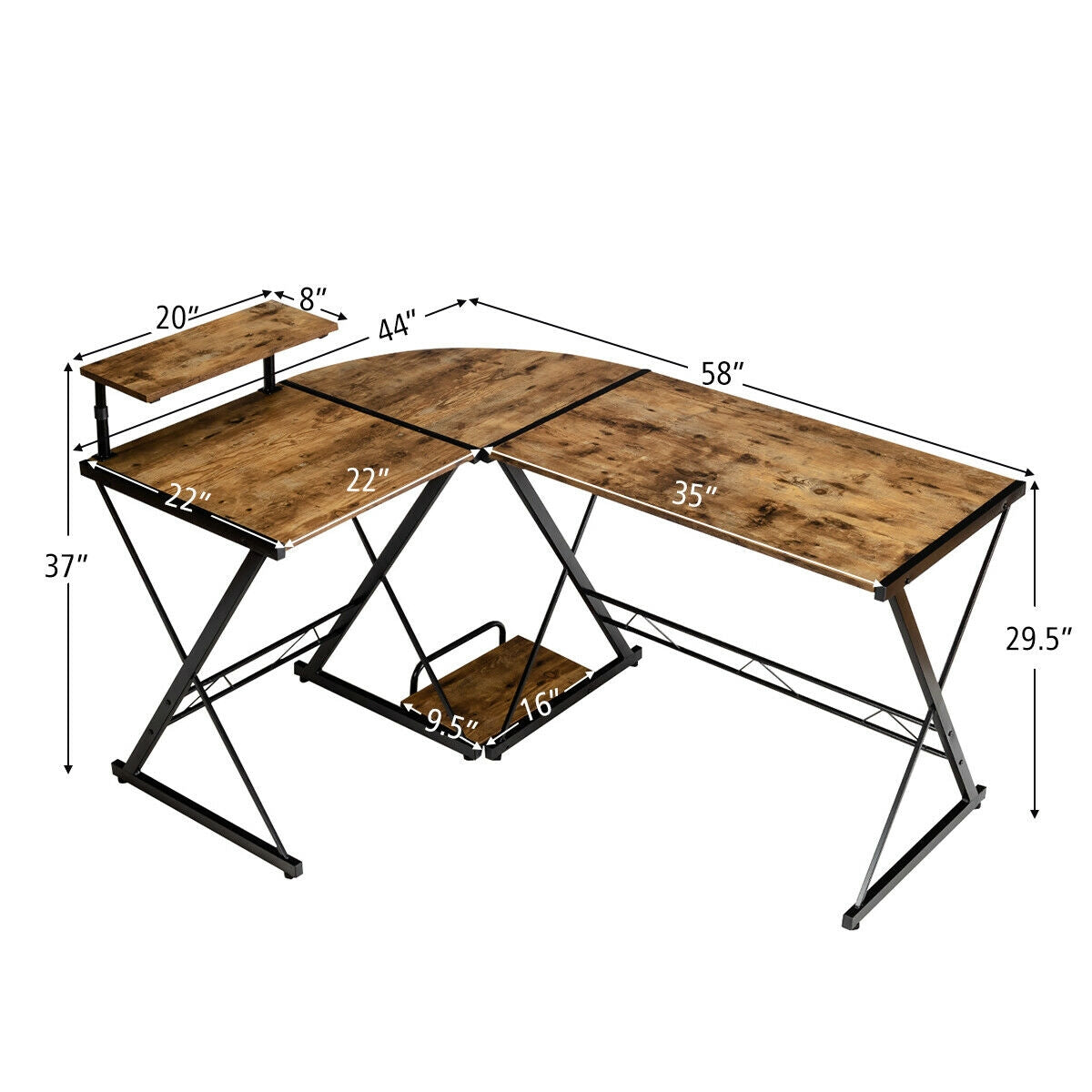 L-Shaped Computer Gaming Desk with Monitor Stand and Host Tray-Rustic Brown