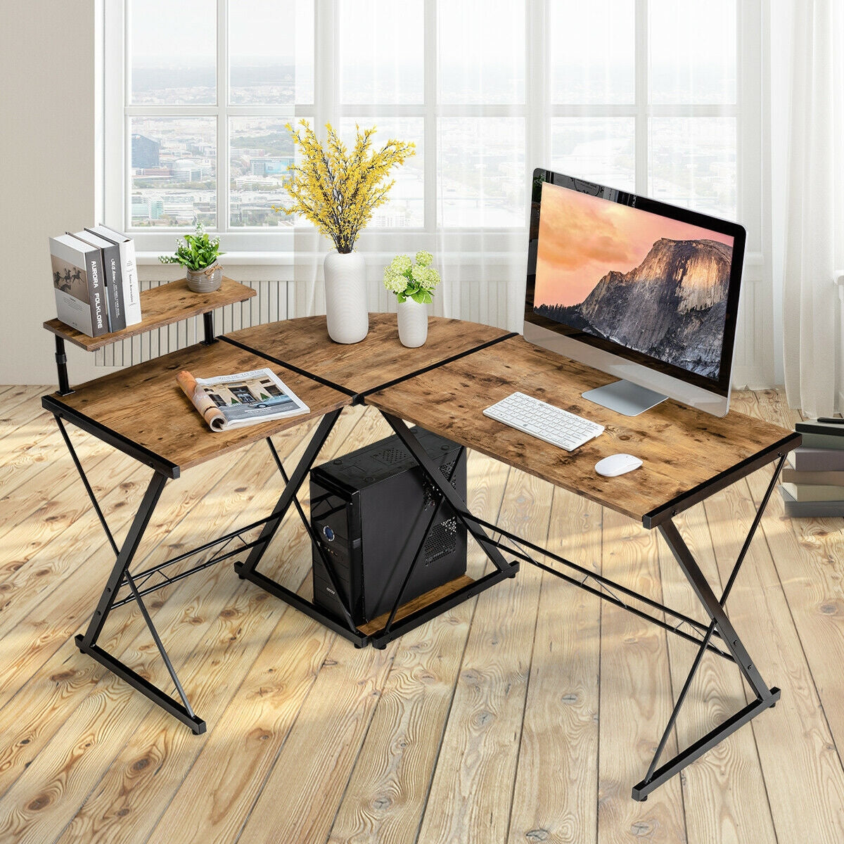 L-Shaped Computer Gaming Desk with Monitor Stand and Host Tray-Rustic Brown