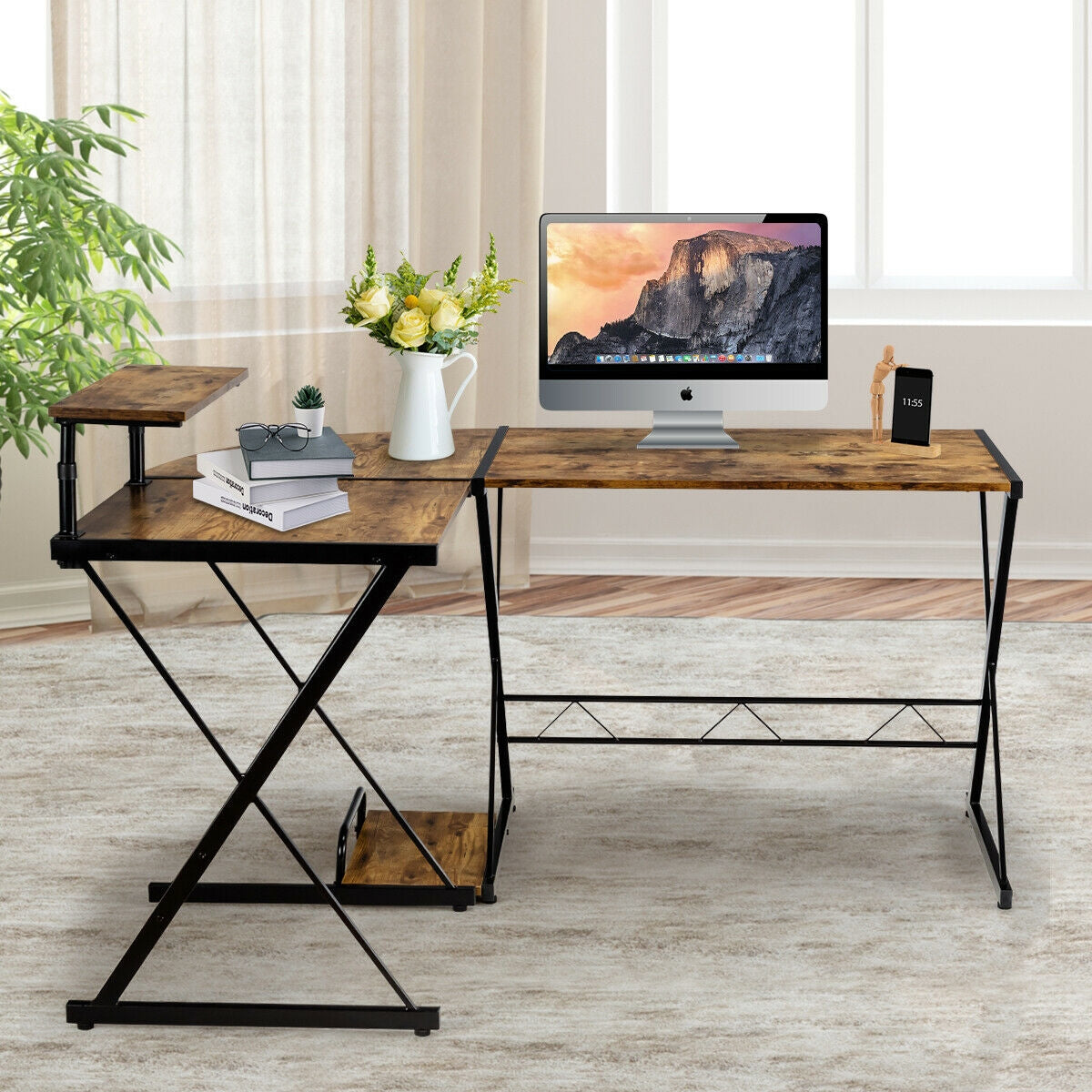 L-Shaped Computer Gaming Desk with Monitor Stand and Host Tray-Rustic Brown