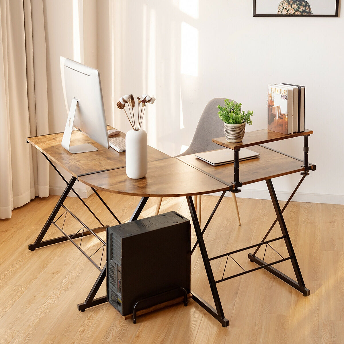 L-Shaped Computer Gaming Desk with Monitor Stand and Host Tray-Rustic Brown