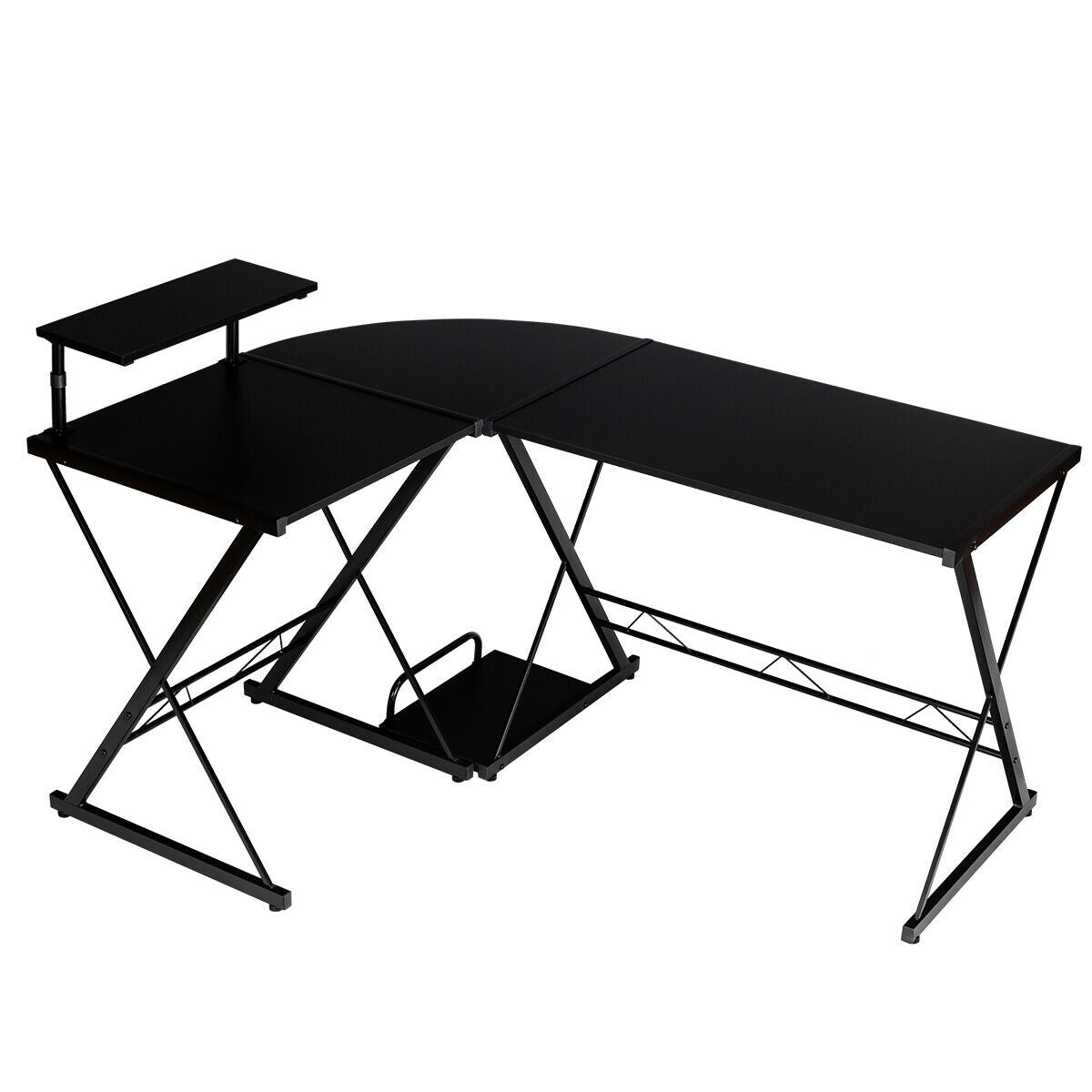 L-Shaped Computer Gaming Desk with Monitor Stand and Host Tray-Black