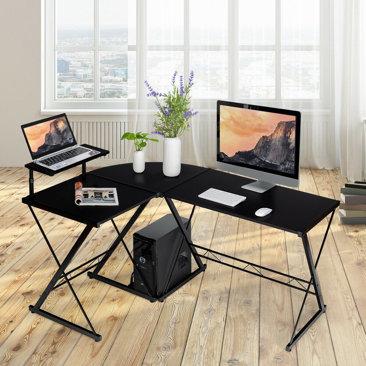 L-Shaped Computer Gaming Desk with Monitor Stand and Host Tray-Black