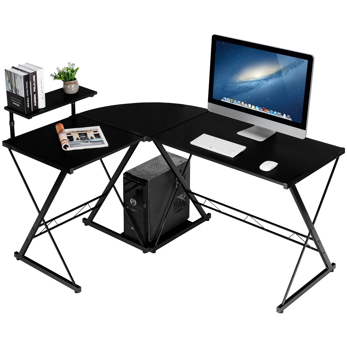 L-Shaped Computer Gaming Desk with Monitor Stand and Host Tray-Black