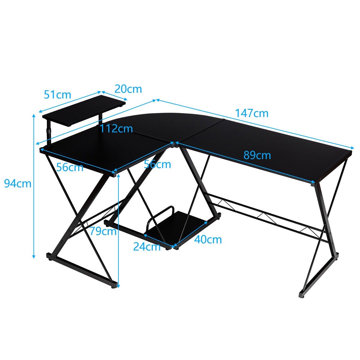 L-Shaped Computer Gaming Desk with Monitor Stand and Host Tray-Black