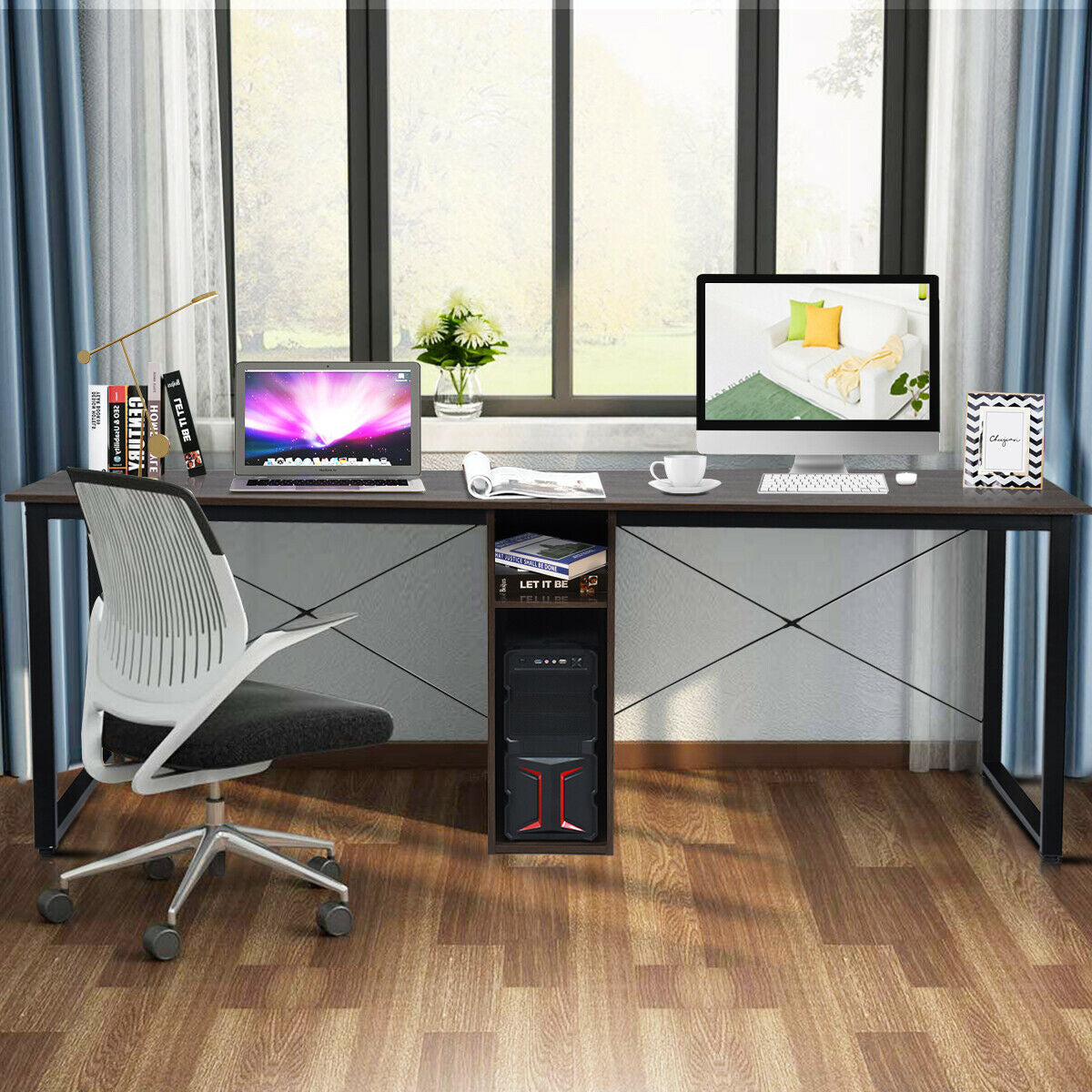 2-Person 79 Inch Computer Desk with Spacious Desktop and Cabinet