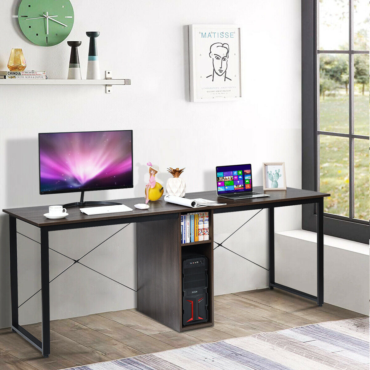 2-Person 79 Inch Computer Desk with Spacious Desktop and Cabinet