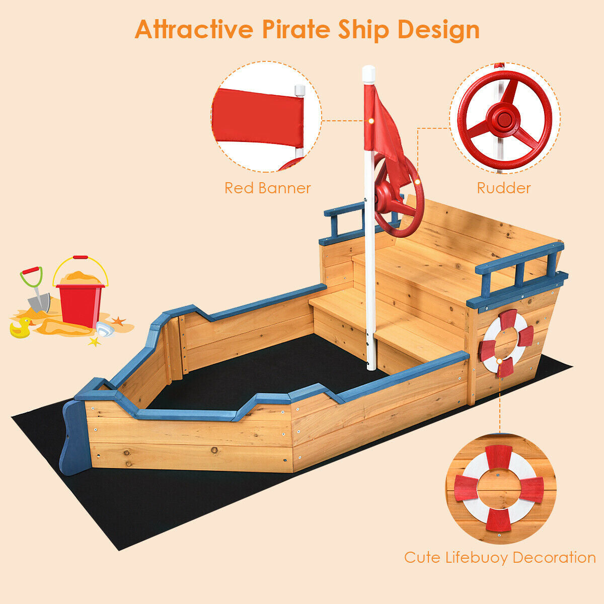 Wooden Pirate Boat Wood Sandbox for KidsÂ 