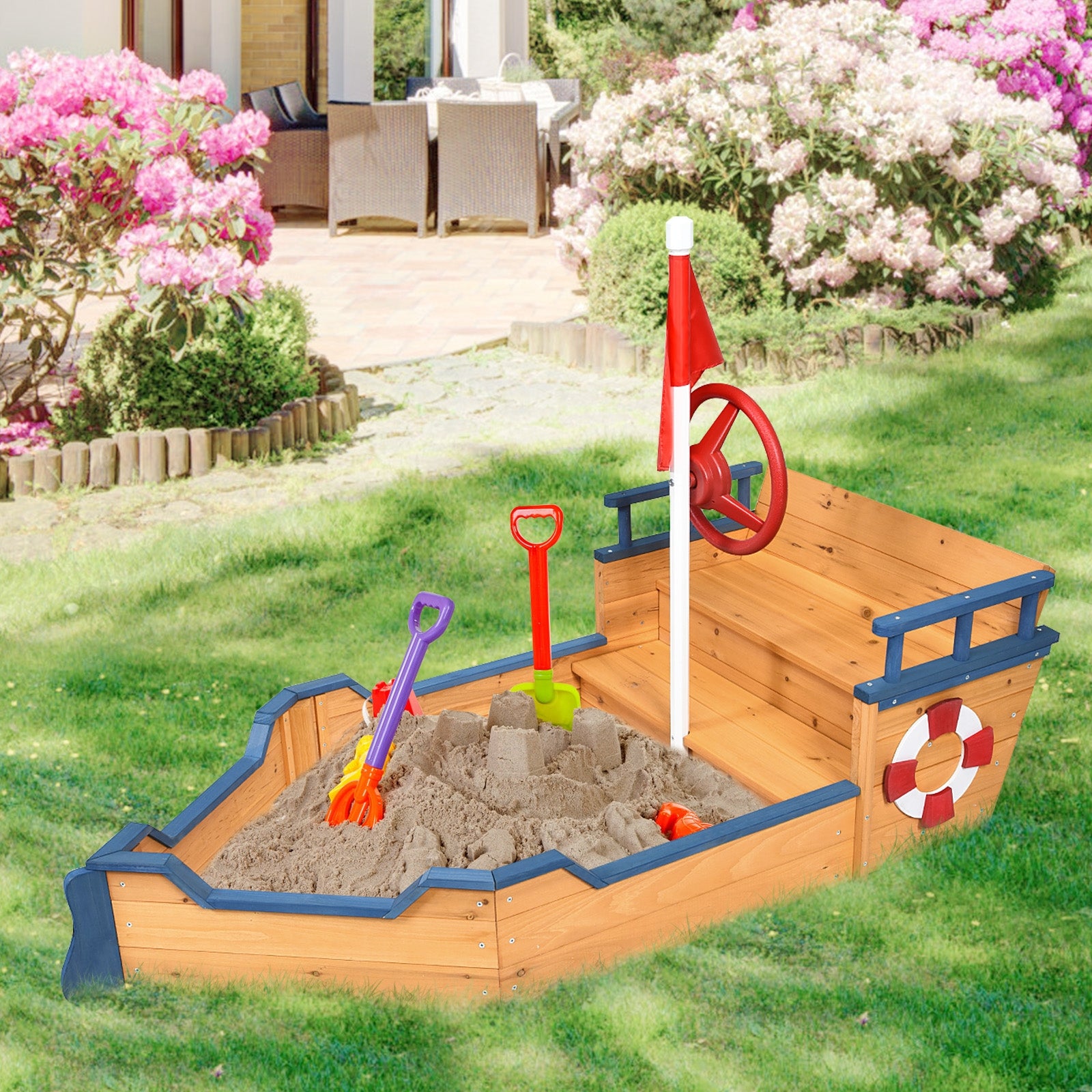 Wooden Pirate Boat Wood Sandbox for Kids