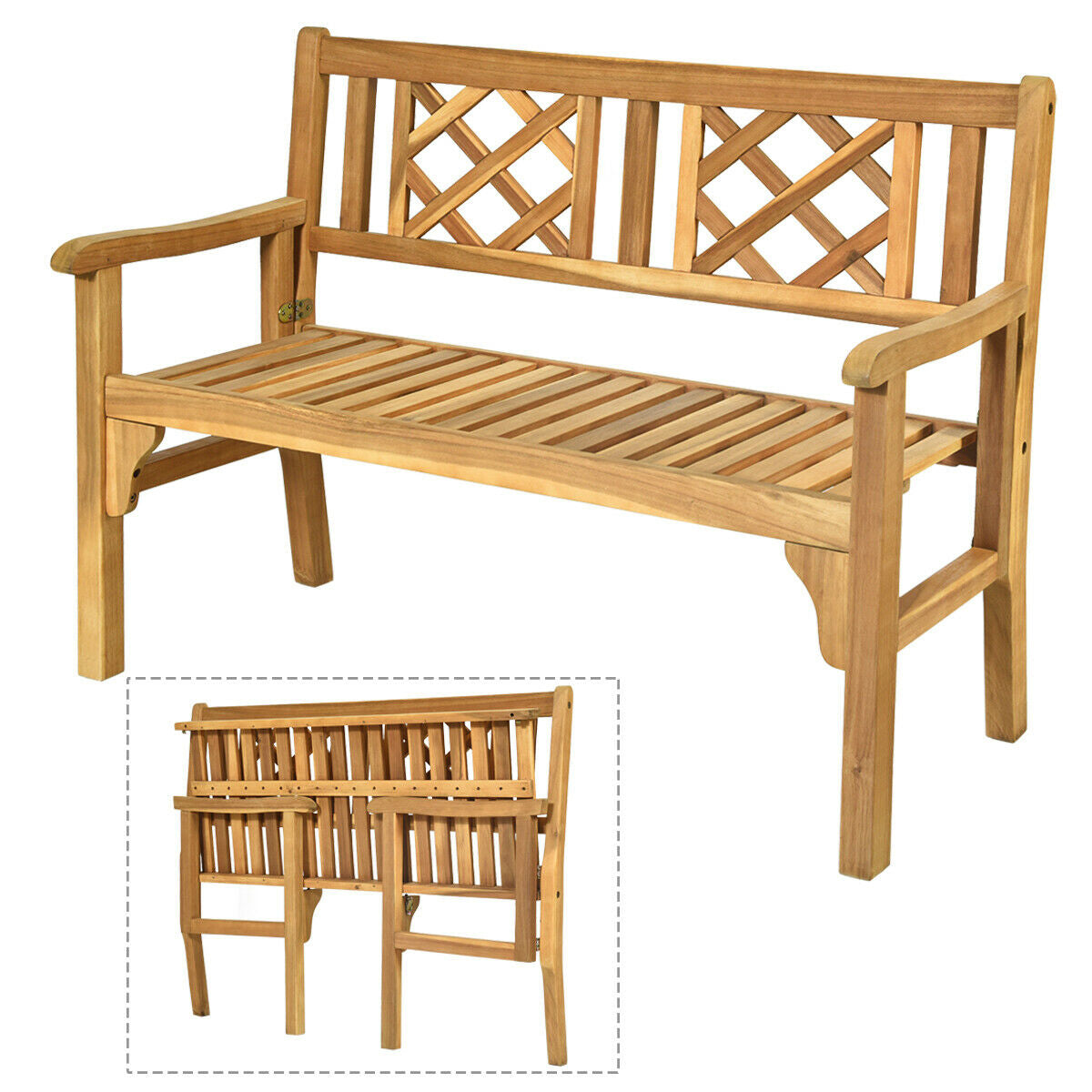 Patio Foldable Bench with Curved Backrest and Armrest