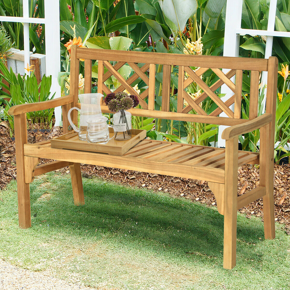 Patio Foldable Bench with Curved Backrest and ArmrestÂ 