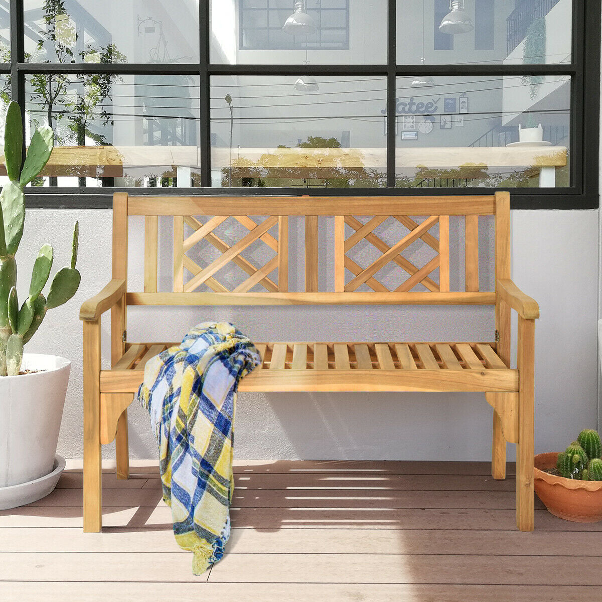 Patio Foldable Bench with Curved Backrest and ArmrestÂ 