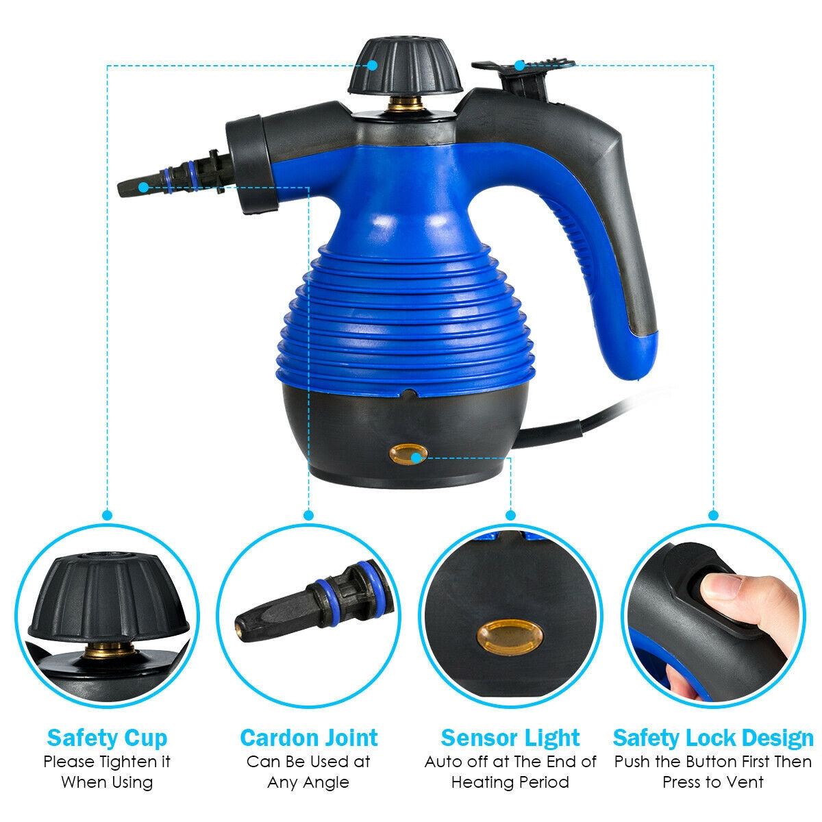 1050W Multi-Purpose Handheld Pressurized Steam Cleaner-Blue