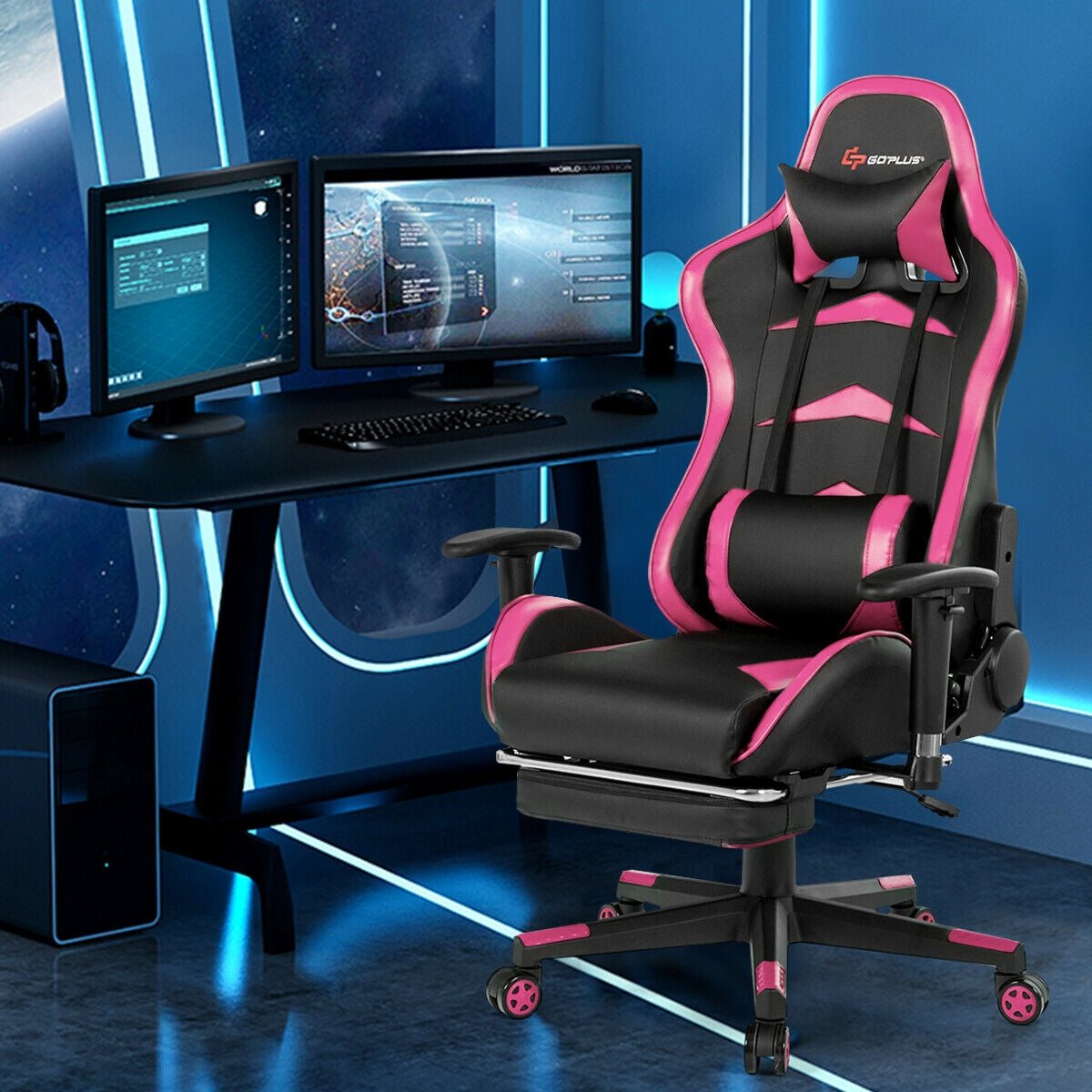 Massage Gaming Chair with Footrest-Pink