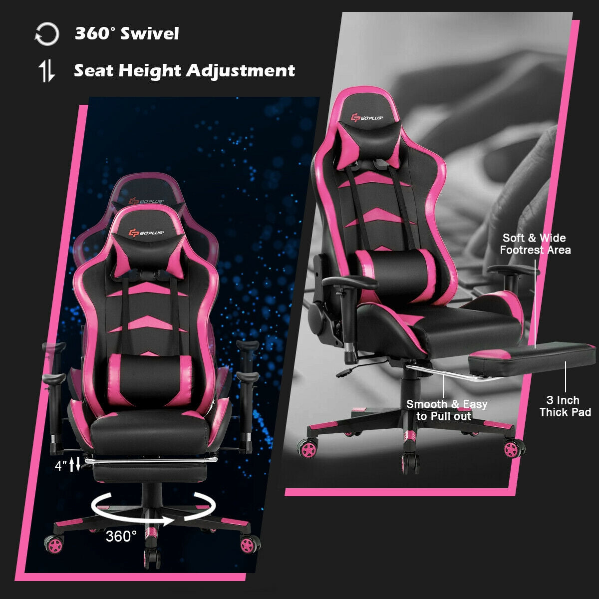 Massage Gaming Chair with Footrest-Pink