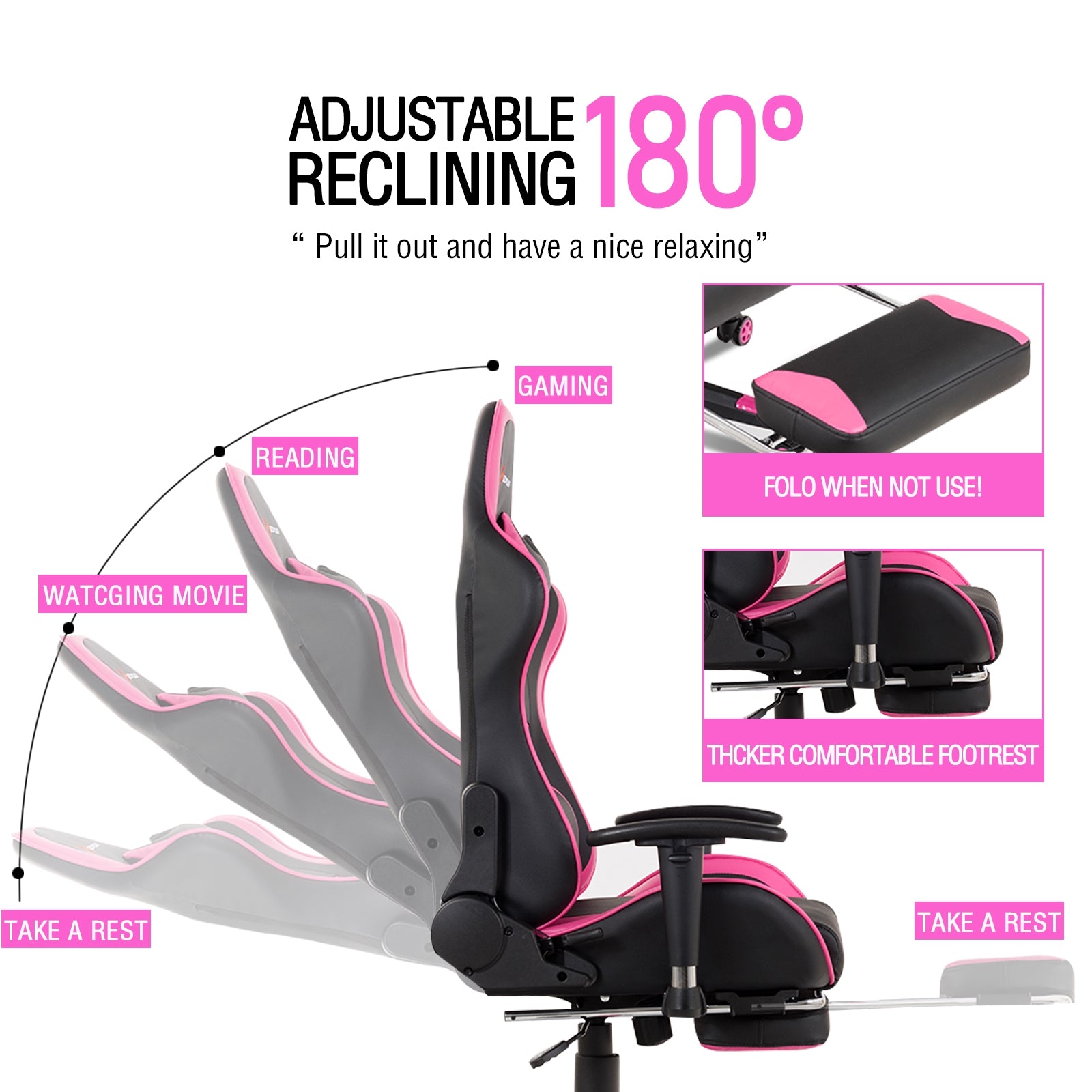 Massage Gaming Chair with Footrest-Pink