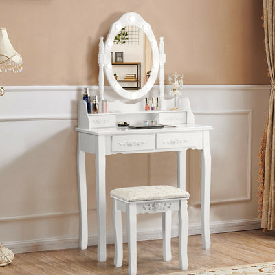 Vanity Table Set with Mirror and Soft Cushioned Stool-WhiteÂ 