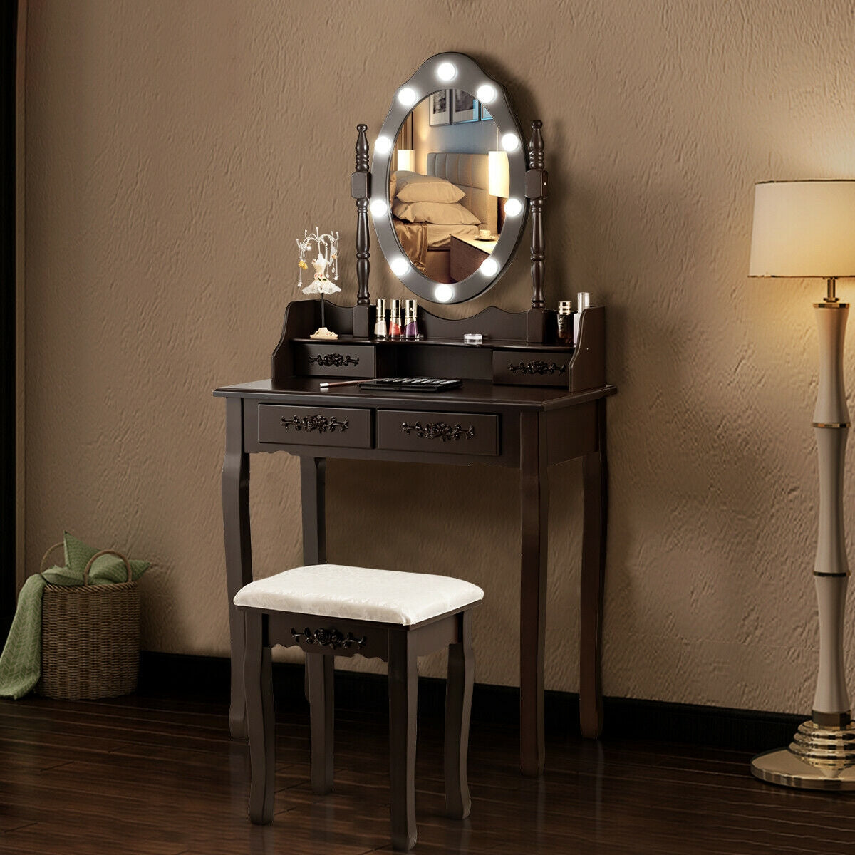 Vanity Table Set with Mirror and Soft Cushioned Stool-Coffee