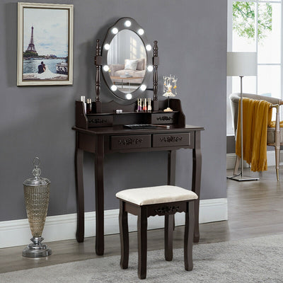 Vanity Table Set with Mirror and Soft Cushioned Stool-CoffeeÂ 