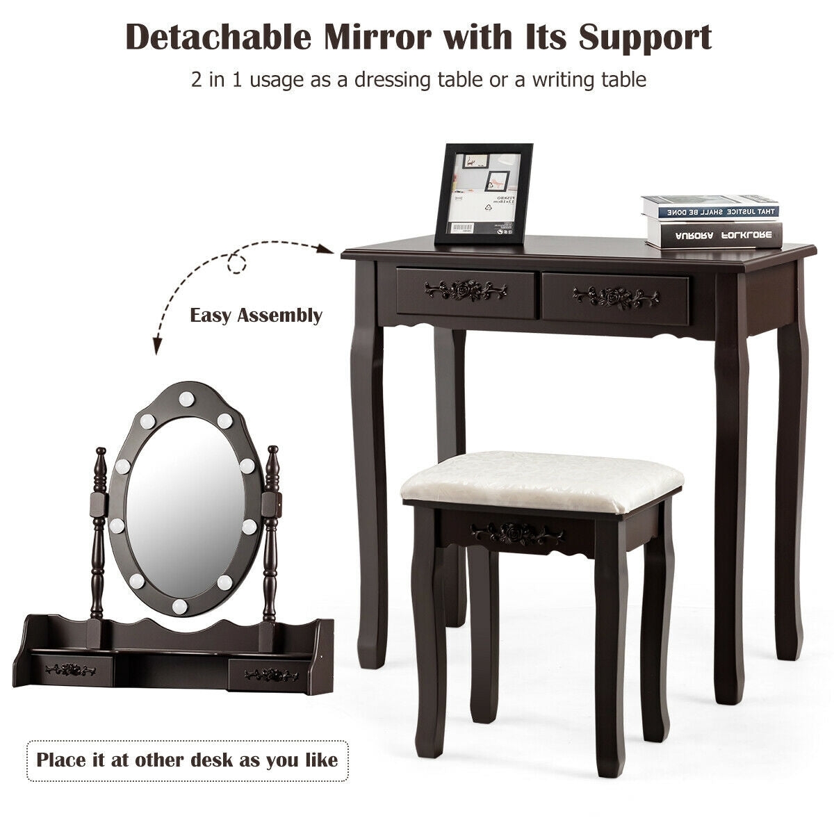 Vanity Table Set with Mirror and Soft Cushioned Stool-Coffee