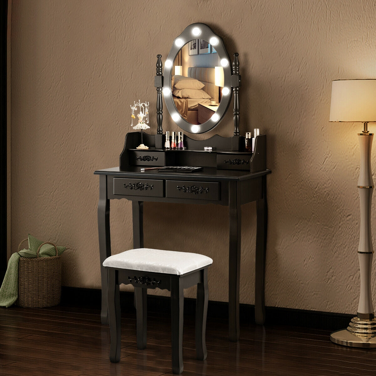 Vanity Table Set with Mirror and Soft Cushioned Stool-Black