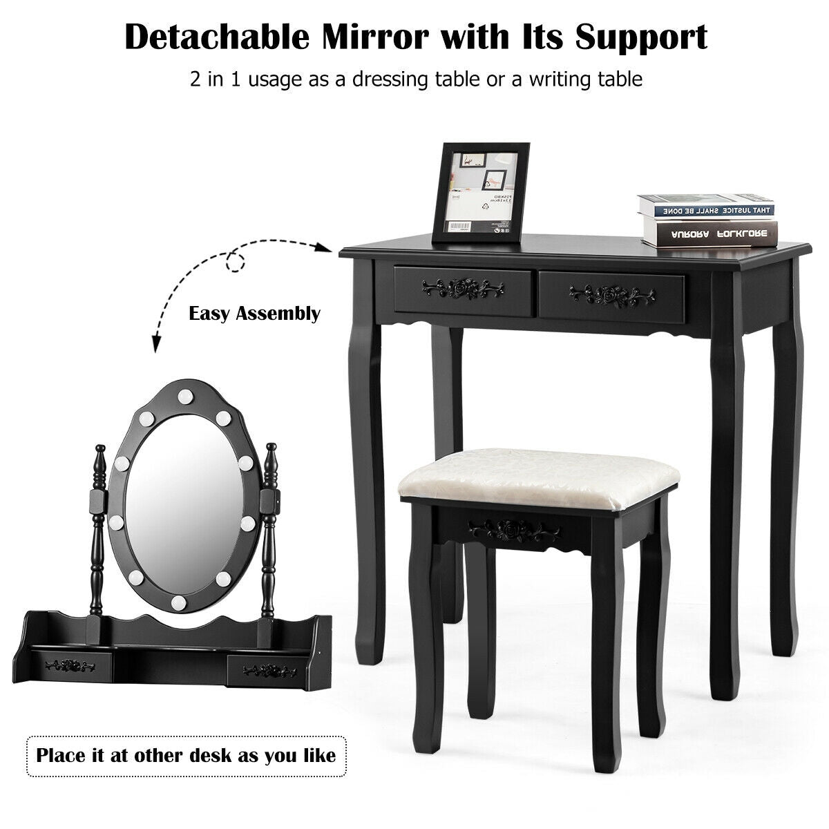 Vanity Table Set with Mirror and Soft Cushioned Stool-Black