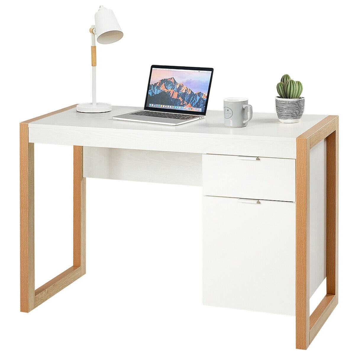 Modern Workstation Computer Desk with Storage Cabinet-White