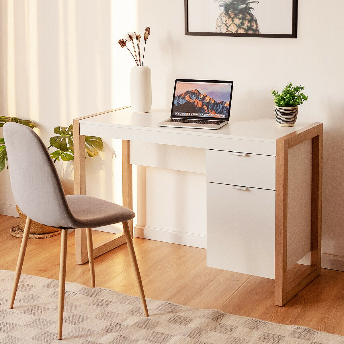 Modern Workstation Computer Desk with Storage Cabinet-White