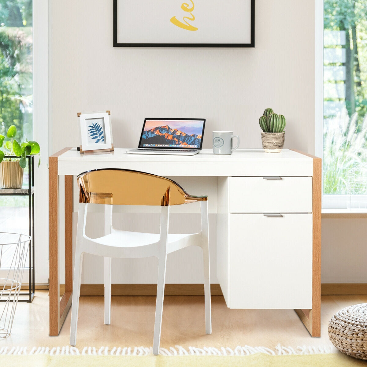 Modern Workstation Computer Desk with Storage Cabinet-White