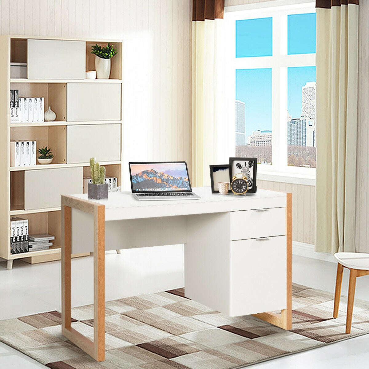 Modern Workstation Computer Desk with Storage Cabinet-White