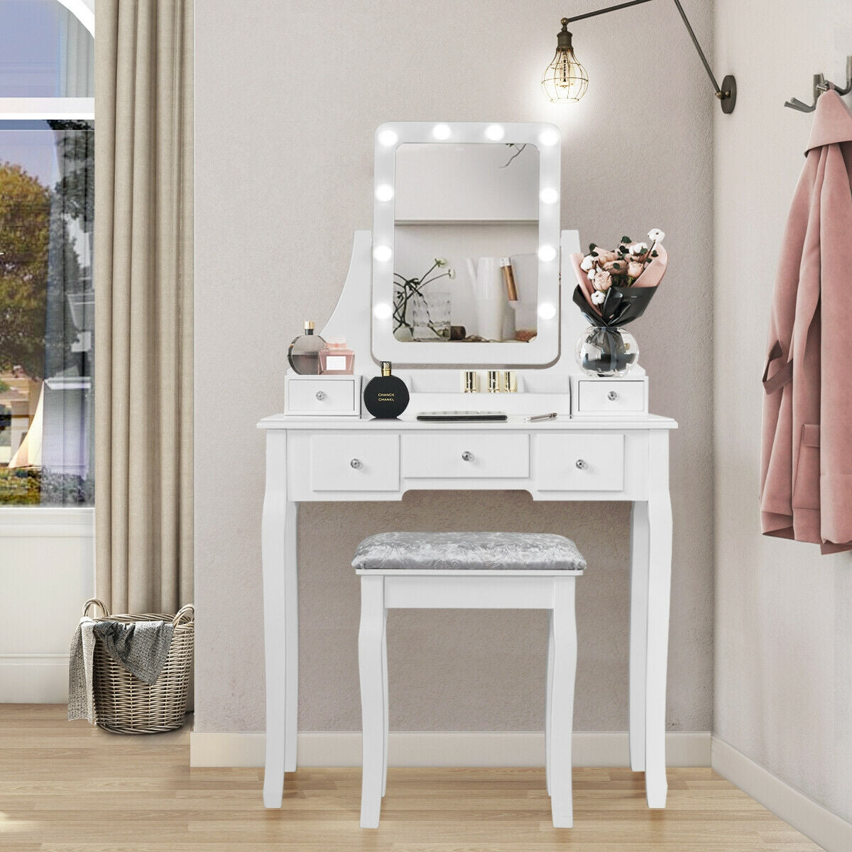 Vanity Dressing Table Set with 10 Dimmable Bulbs and Cushioned Stool-White