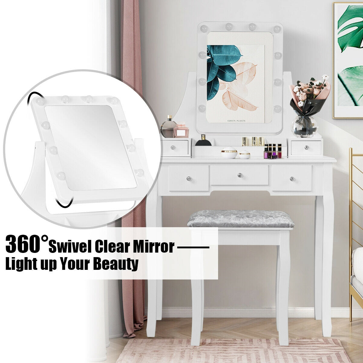 Vanity Dressing Table Set with 10 Dimmable Bulbs and Cushioned Stool-White