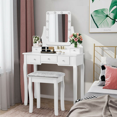 Vanity Dressing Table Set with 10 Dimmable Bulbs and Cushioned Stool-WhiteÂ 