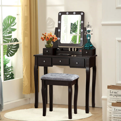 Vanity Dressing Table Set with 10 Dimmable Bulbs and Cushioned Stool-BrownÂ 