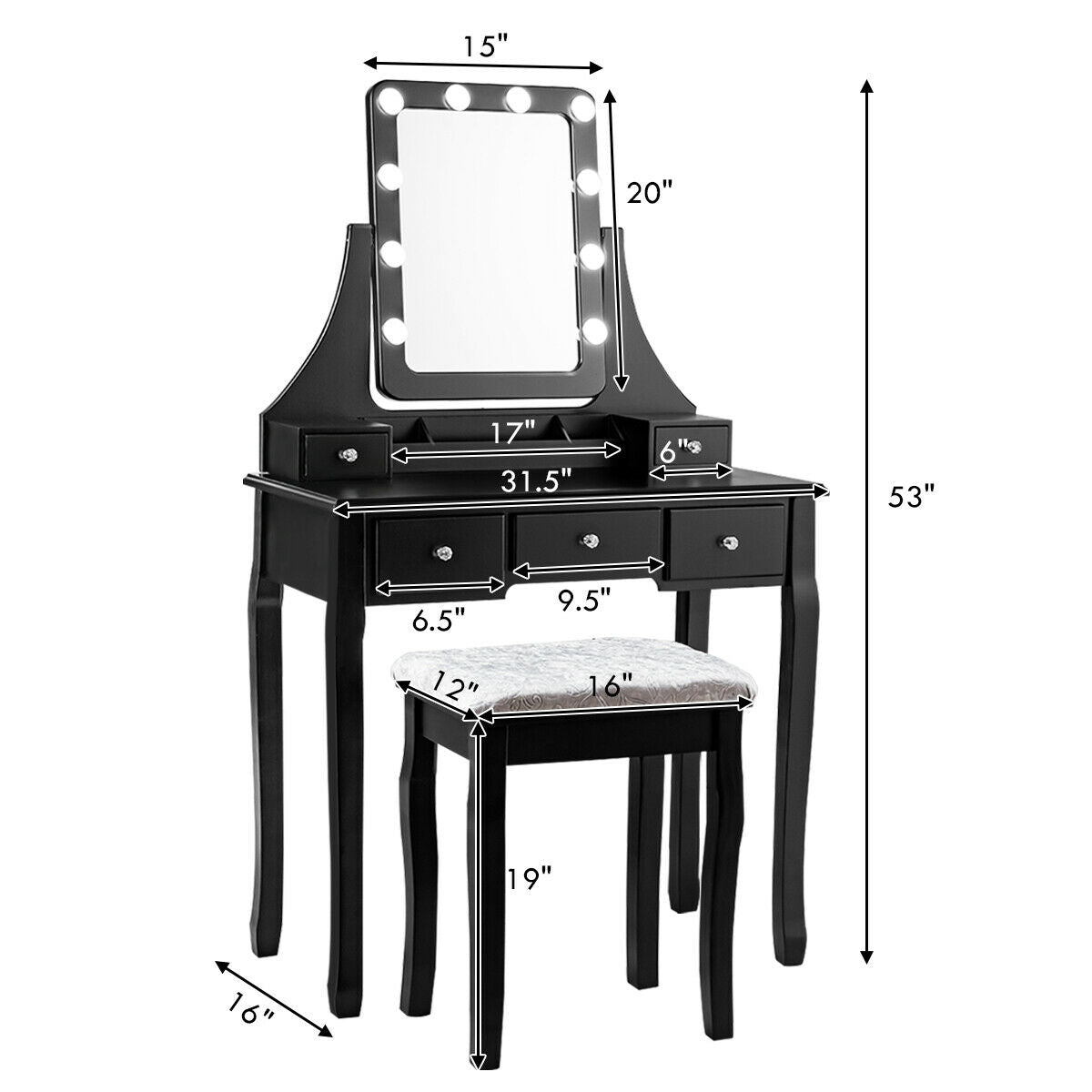 Vanity Dressing Table Set with 10 Dimmable Bulbs and Cushioned Stool-Black