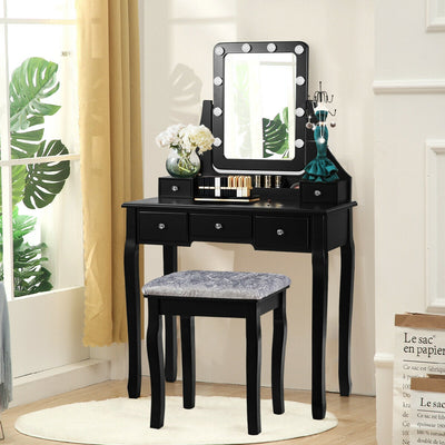 Vanity Dressing Table Set with 10 Dimmable Bulbs and Cushioned Stool-BlackÂ 