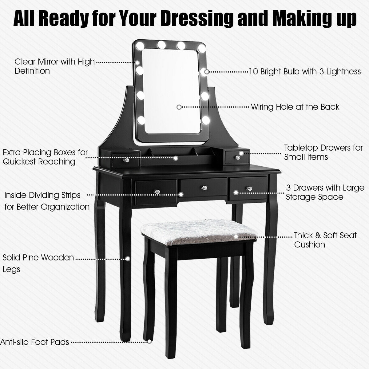 Vanity Dressing Table Set with 10 Dimmable Bulbs and Cushioned Stool-Black